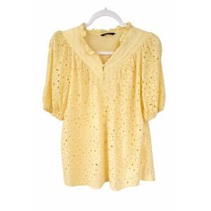 PrettyGarden Butter Yellow Eyelet Blouse Large Puff Sleeve Ruffle Cottagecore